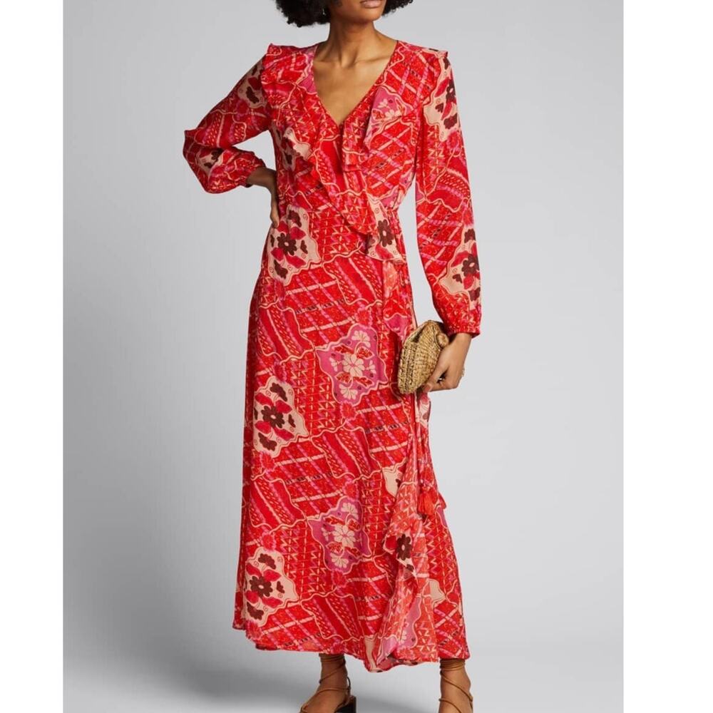NWT Figue Mosaic Batik Ruffle Trim Arabella Wrap Dress Red Size S/M - Picture 1 of 8